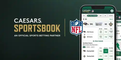 Caesars sportsbook main banner showing NFL partnership and mobile screen interface with sports betting options