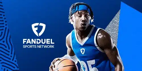 Fanduel Sportsbook massachusetts showing a NBL player in action on blue background