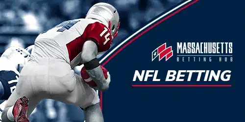 NFL player in red and white uniform with Massachusetts Betting Hub NFL Betting banner