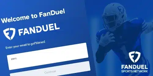 fanduel sign up banner with a screen of a mobile phone on sign up page, an NFL player, all on a blue background